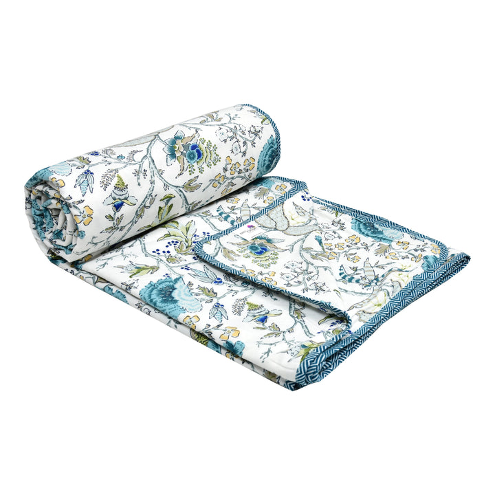 Bella Casa Fashion & Retail Ltd Dohar 90 X 100 Inch / White & Blue / Cotton Double Dohar/AC Blanket Cotton | White & Blue Colored Floral Printed | Size: 228 X 254 CM - Jaipuri Jharokha Collection