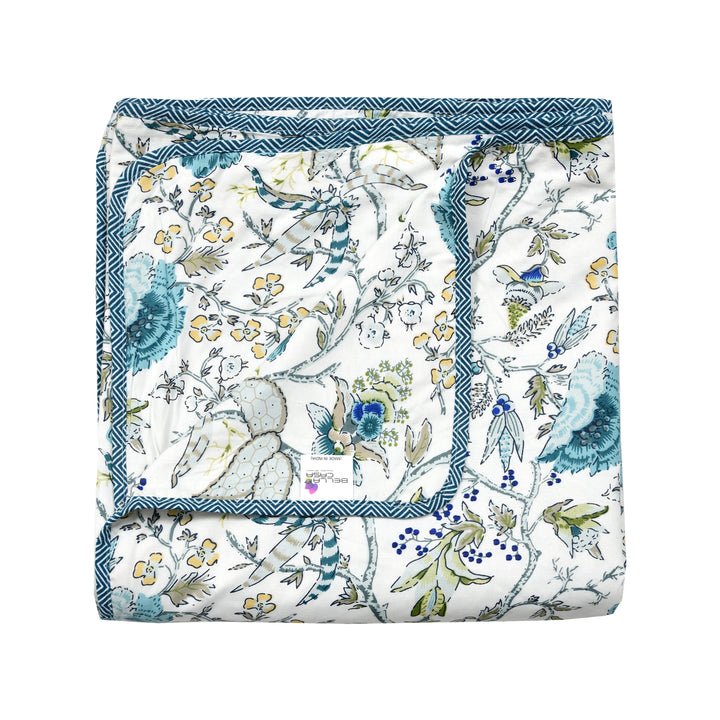 Bella Casa Fashion & Retail Ltd Dohar 90 X 100 Inch / White & Blue / Cotton Double Dohar/AC Blanket Cotton | White & Blue Colored Floral Printed | Size: 228 X 254 CM - Jaipuri Jharokha Collection