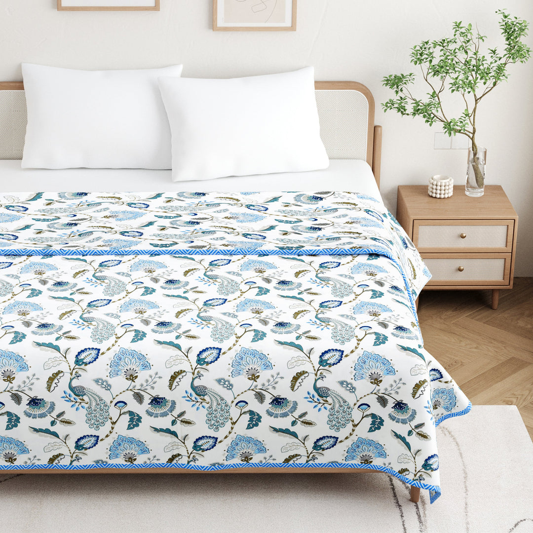 Bella Casa Fashion & Retail Ltd Dohar 90 X 100 Inch / White & Blue / Cotton Double Dohar / AC Blanket Cotton | White & Blue Colored Floral Printed | Size: 228 X 254 CM - Jaipuri Jharokha Collection