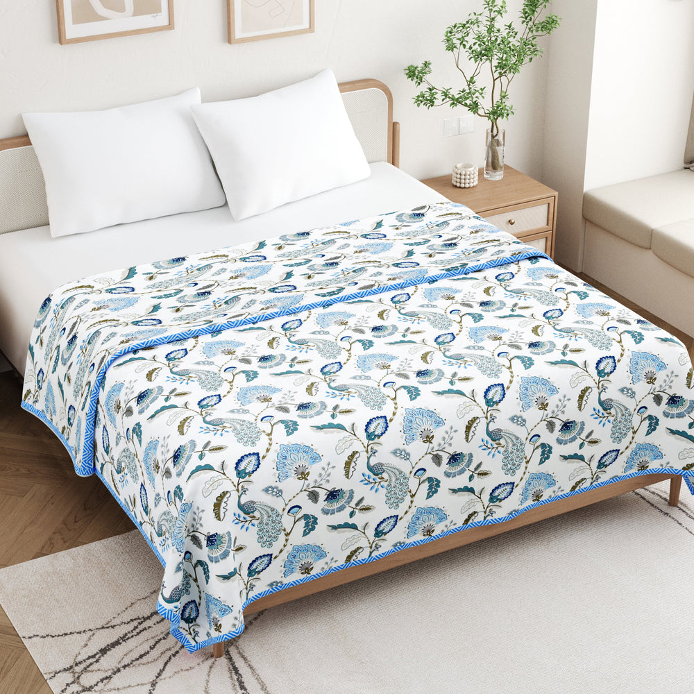 Bella Casa Fashion & Retail Ltd Dohar 90 X 100 Inch / White & Blue / Cotton Double Dohar / AC Blanket Cotton | White & Blue Colored Floral Printed | Size: 228 X 254 CM - Jaipuri Jharokha Collection