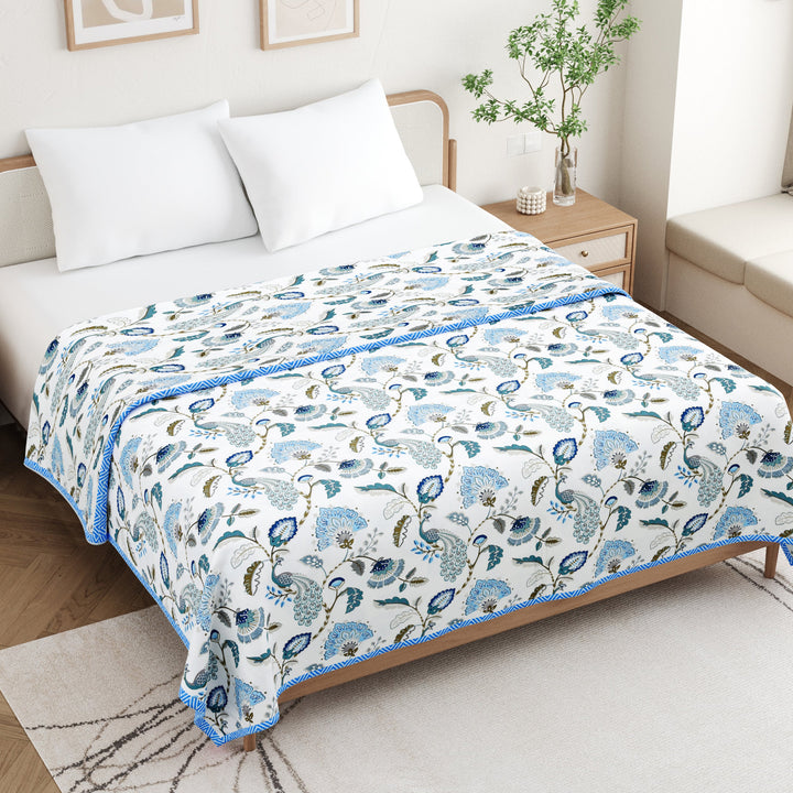 Bella Casa Fashion & Retail Ltd Dohar 90 X 100 Inch / White & Blue / Cotton Double Dohar / AC Blanket Cotton | White & Blue Colored Floral Printed | Size: 228 X 254 CM - Jaipuri Jharokha Collection