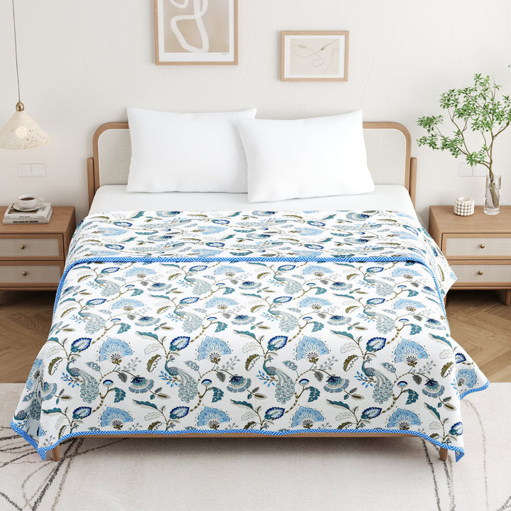 Bella Casa Fashion & Retail Ltd Dohar 90 X 100 Inch / White & Blue / Cotton Double Dohar / AC Blanket Cotton | White & Blue Colored Floral Printed | Size: 228 X 254 CM - Jaipuri Jharokha Collection