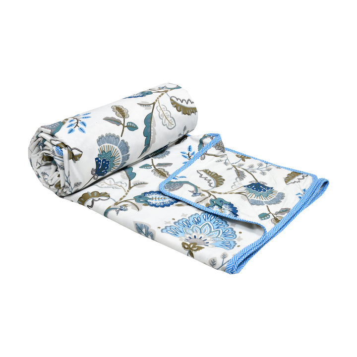Bella Casa Fashion & Retail Ltd Dohar 90 X 100 Inch / White & Blue / Cotton Double Dohar / AC Blanket Cotton | White & Blue Colored Floral Printed | Size: 228 X 254 CM - Jaipuri Jharokha Collection