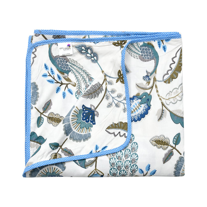Bella Casa Fashion & Retail Ltd Dohar 90 X 100 Inch / White & Blue / Cotton Double Dohar / AC Blanket Cotton | White & Blue Colored Floral Printed | Size: 228 X 254 CM - Jaipuri Jharokha Collection