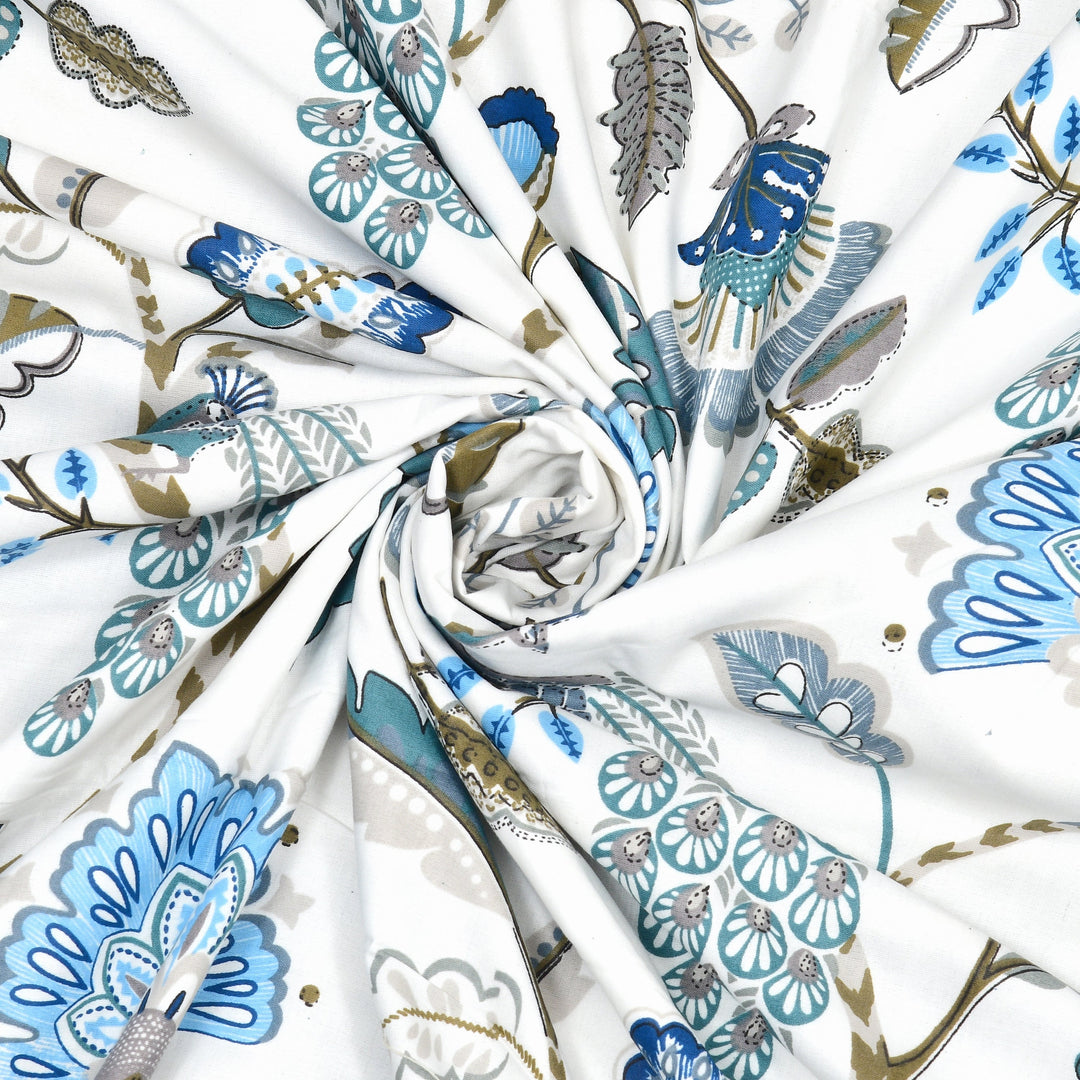 Bella Casa Fashion & Retail Ltd Dohar 90 X 100 Inch / White & Blue / Cotton Double Dohar / AC Blanket Cotton | White & Blue Colored Floral Printed | Size: 228 X 254 CM - Jaipuri Jharokha Collection