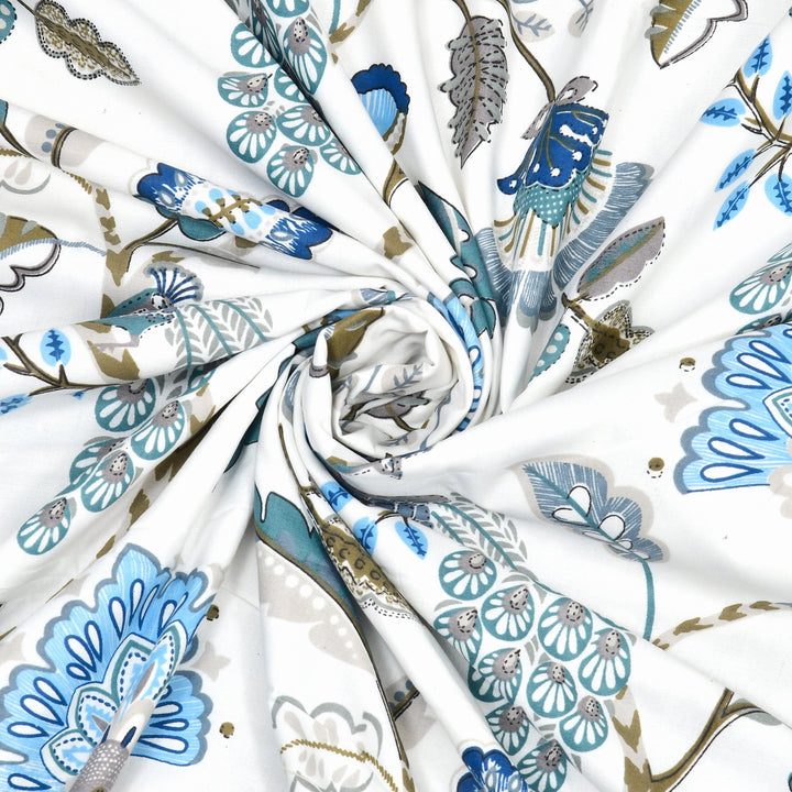 Bella Casa Fashion & Retail Ltd Dohar 90 X 100 Inch / White & Blue / Cotton Double Dohar / AC Blanket Cotton | White & Blue Colored Floral Printed | Size: 228 X 254 CM - Jaipuri Jharokha Collection