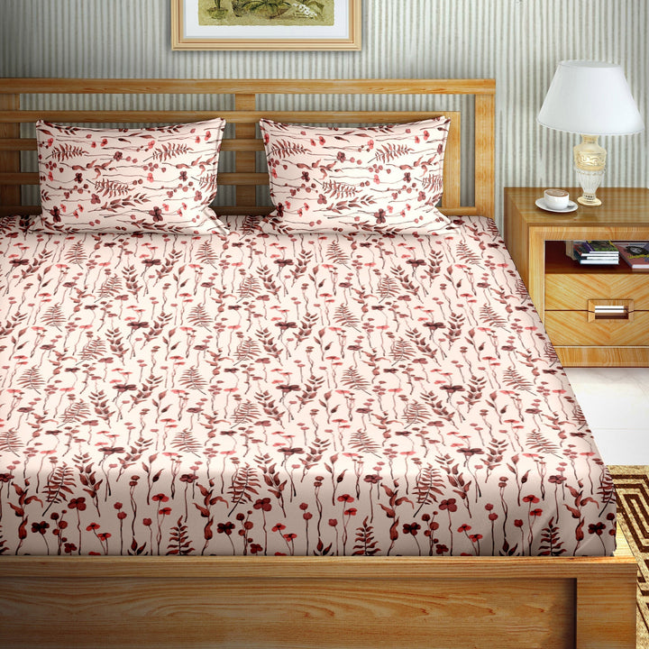 Bella Casa Fashion & Retail Ltd  Double Bedsheet Set Cotton King Size with 2 Pillow Covers Floral Design Peach & BrownColour - Stella Collection
