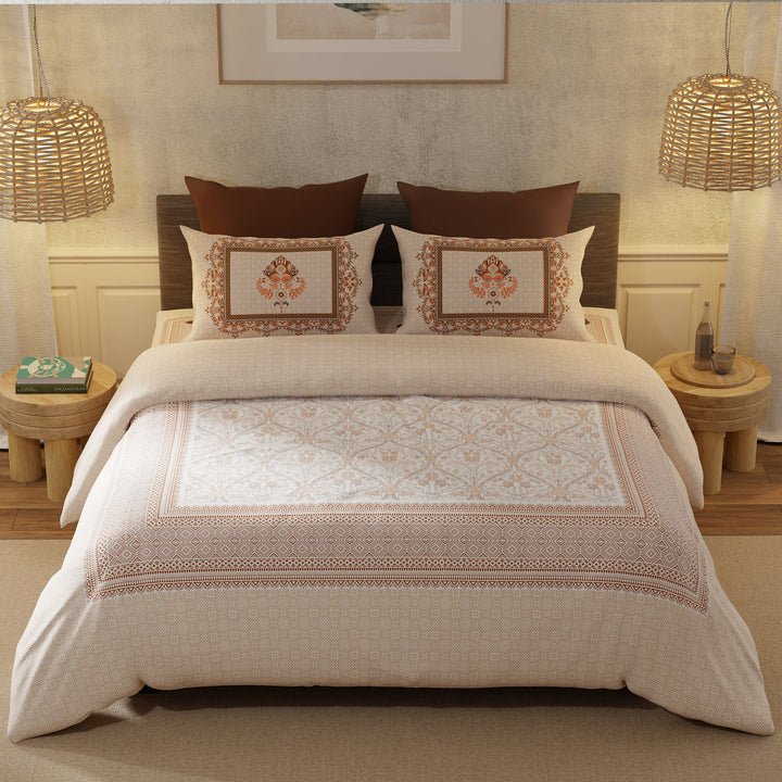 Bella Casa Fashion & Retail Ltd  Double Premium Bedsheet Set 100 % Cotton Super King Size with 2 Pillow Covers Floral Ethnic Design Beige Colour - Rajputana Designer Collection