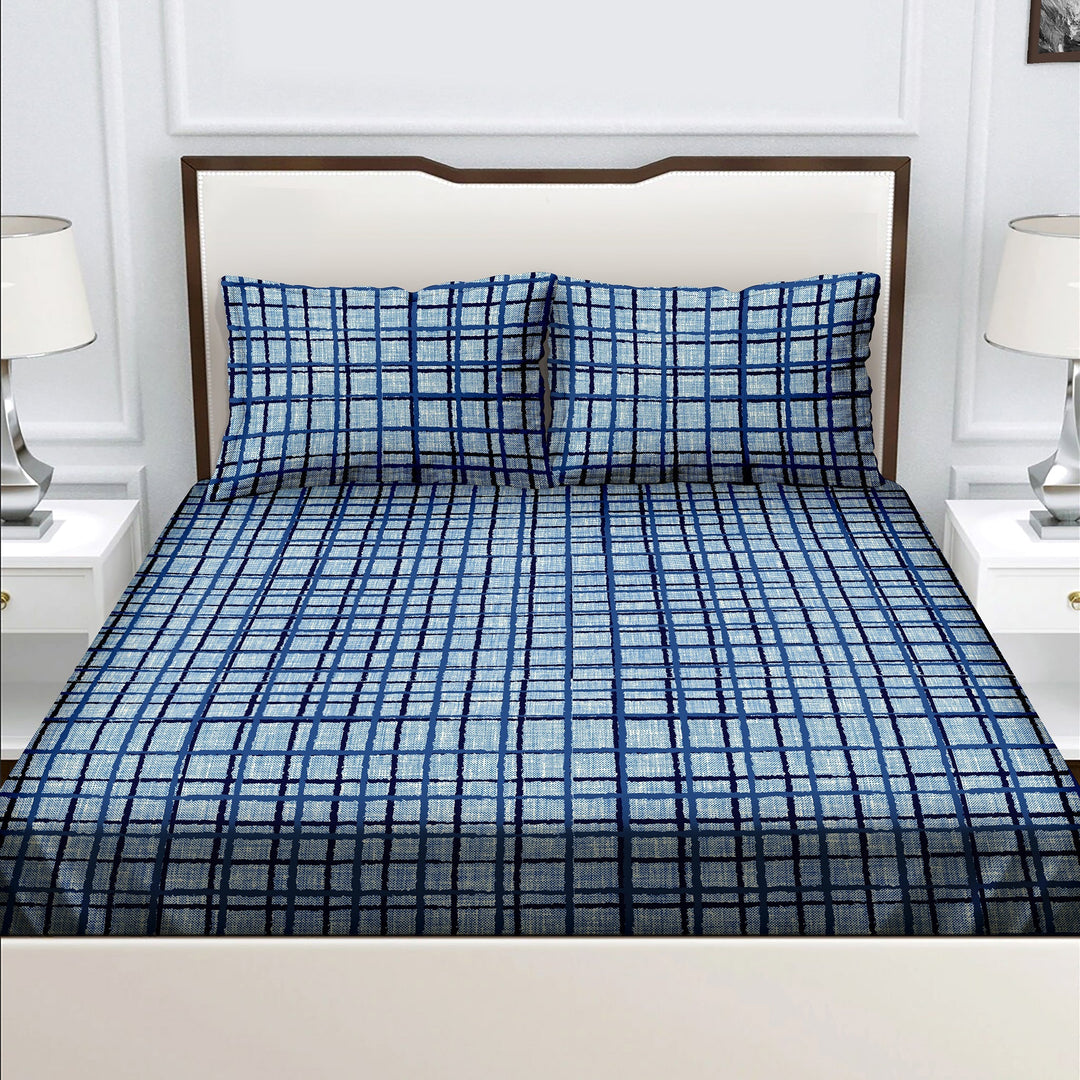 Bella Casa Fashion & Retail Ltd  Double Queen Size 100% Cotton Bedsheet Set with 2 Pillow Covers Check Blue Colour - Radiant Collection