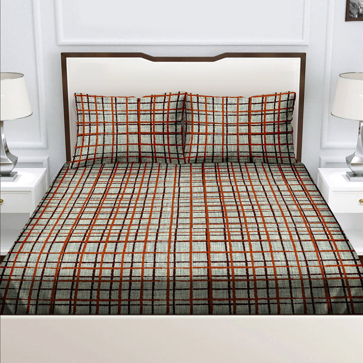 Bella Casa Fashion & Retail Ltd  Double Queen Size 100% Cotton Bedsheet Set with 2 Pillow Covers Check Grey/Brown Colour - Radiant Collection