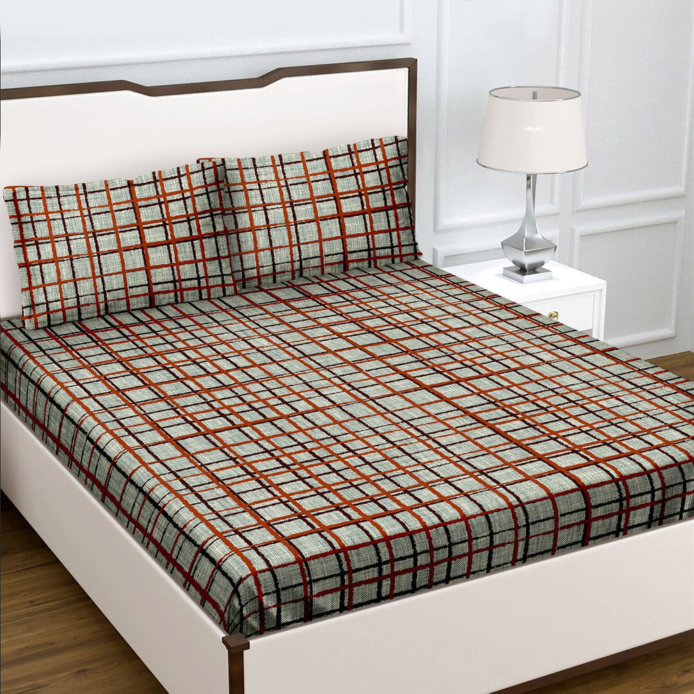 Bella Casa Fashion & Retail Ltd  Double Queen Size 100% Cotton Bedsheet Set with 2 Pillow Covers Check Grey/Brown Colour - Radiant Collection