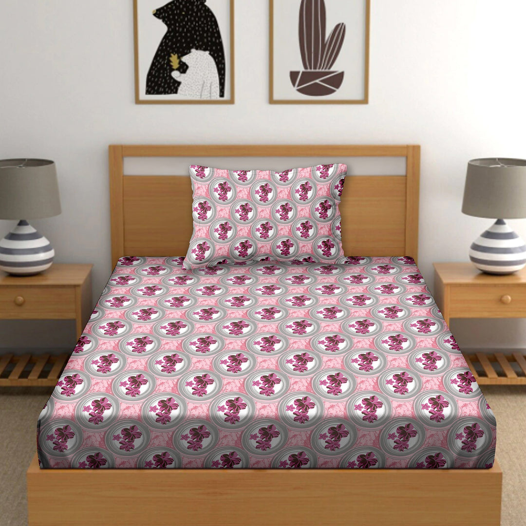 BELLA CASA FASHION BEDSHEET Cotton Single Pink Colour Bedsheet with 1 Pillow Cover- Cuddle Collection