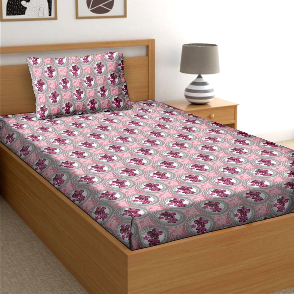 BELLA CASA FASHION BEDSHEET Cotton Single Pink Colour Bedsheet with 1 Pillow Cover- Cuddle Collection