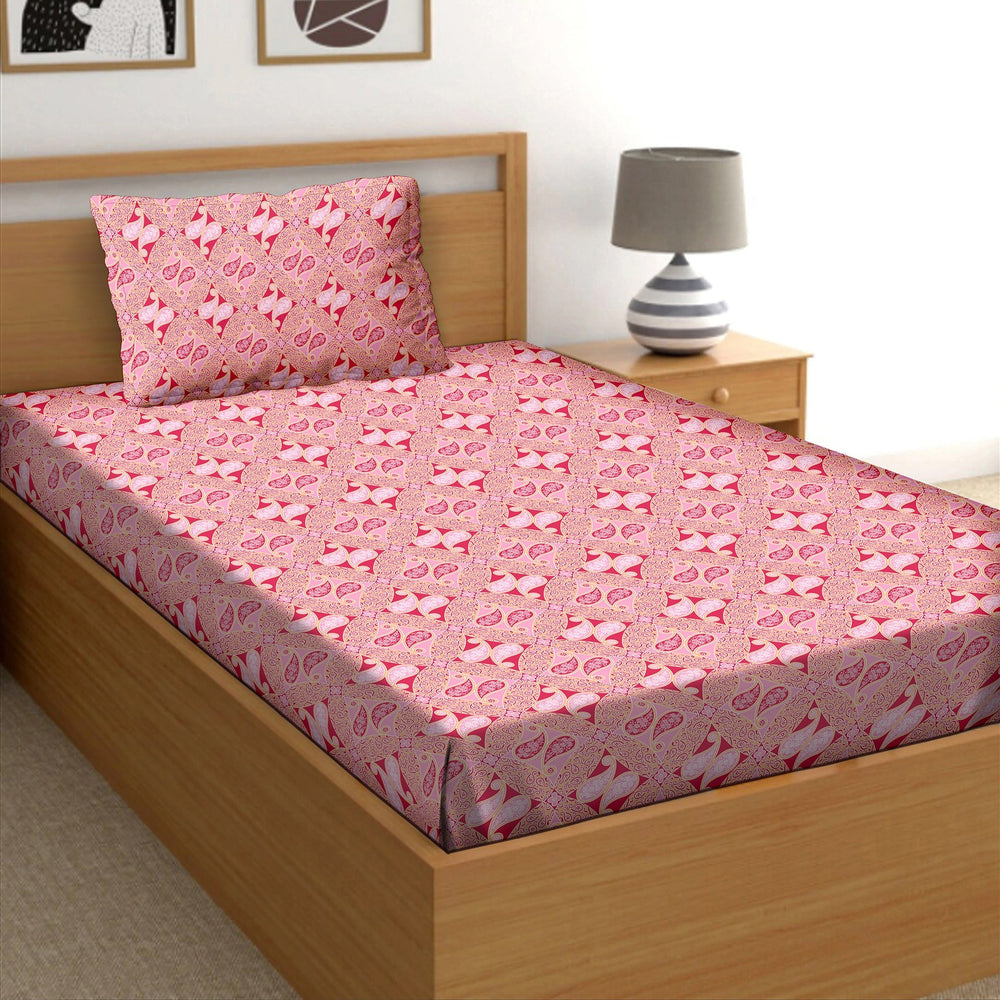 BELLA CASA FASHION BEDSHEET Cotton Single Pink Colour Bedsheet with 1 Pillow Cover- Cuddle Collection