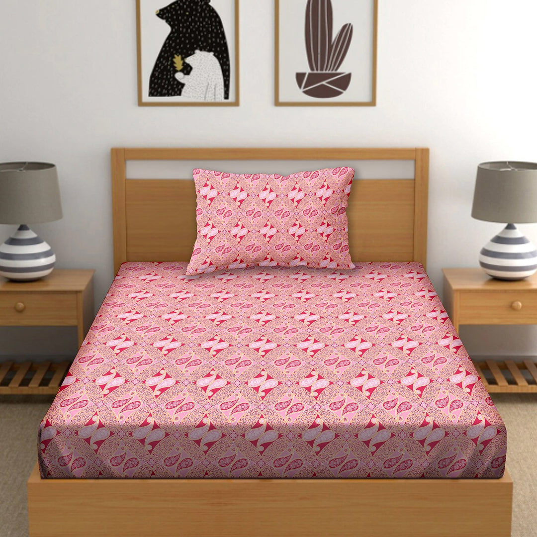 BELLA CASA FASHION BEDSHEET Cotton Single Pink Colour Bedsheet with 1 Pillow Cover- Cuddle Collection