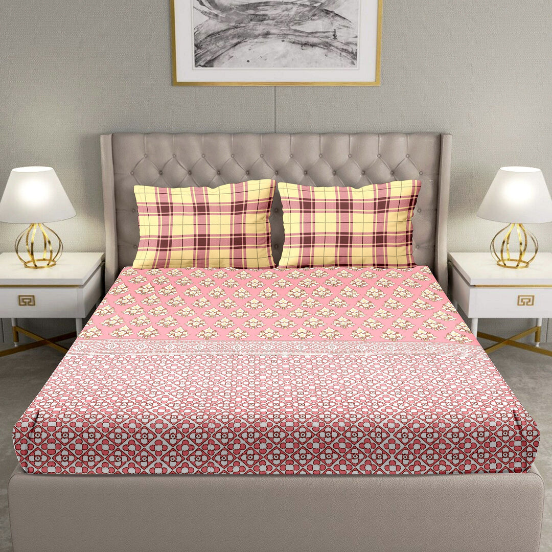 Super King Size Bedsheet with Pillow Covers 100 Cotton Pink Colour Blueberry Collection
