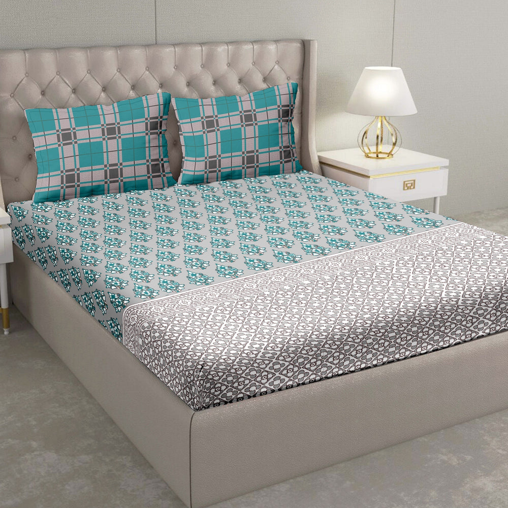 BELLA CASA FASHION BEDSHEET Double Bedsheet Set Super King Size 100 % Cotton Teal Colour -Blueberry Collection