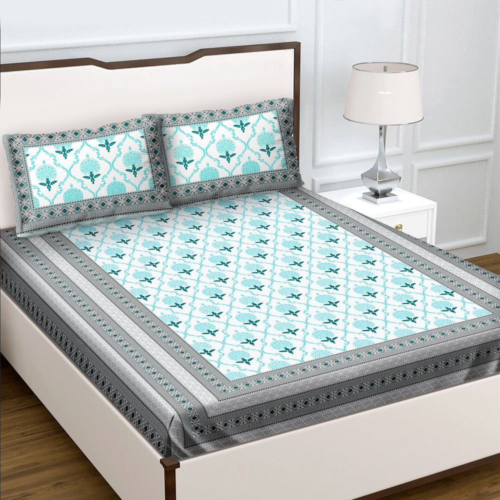 Bella Casa Fashion & Retail Ltd  Bed Sheets Double King Size Cotton Abstract Teal Colour Bedsheet with 2 Pillow Covers - Genteel Collection