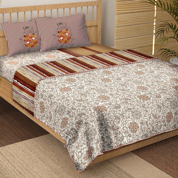 Bella Casa Fashion & Retail Ltd  Bedding Set 150 TC  Cotton Brown Colour  King Size 1 Double Bedsheet with 2 Pillow Covers and One Double Dohar - Delite Collection