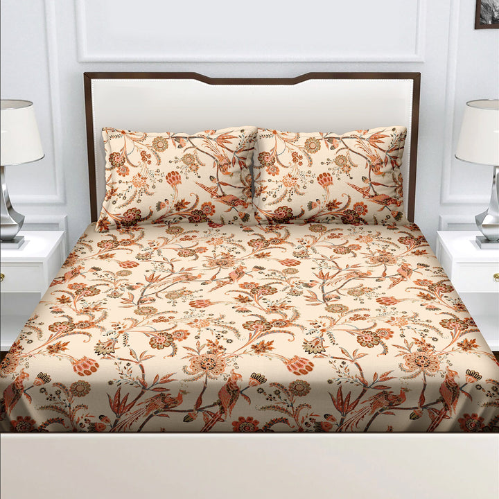 Bella Casa Fashion & Retail Ltd  BEDSHEET Double Bedsheet King Size 100 % Cotton Floral Beige Colour Bedsheet with 2 Pillow Covers - Radiant Collection