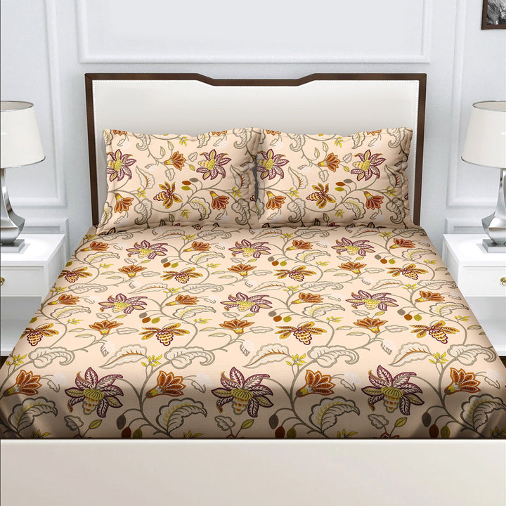 Bella Casa Fashion & Retail Ltd  BEDSHEET Double Bedsheet King Size 100 % Cotton Floral Beige Colour Bedsheet with 2 Pillow Covers - Radiant Collection