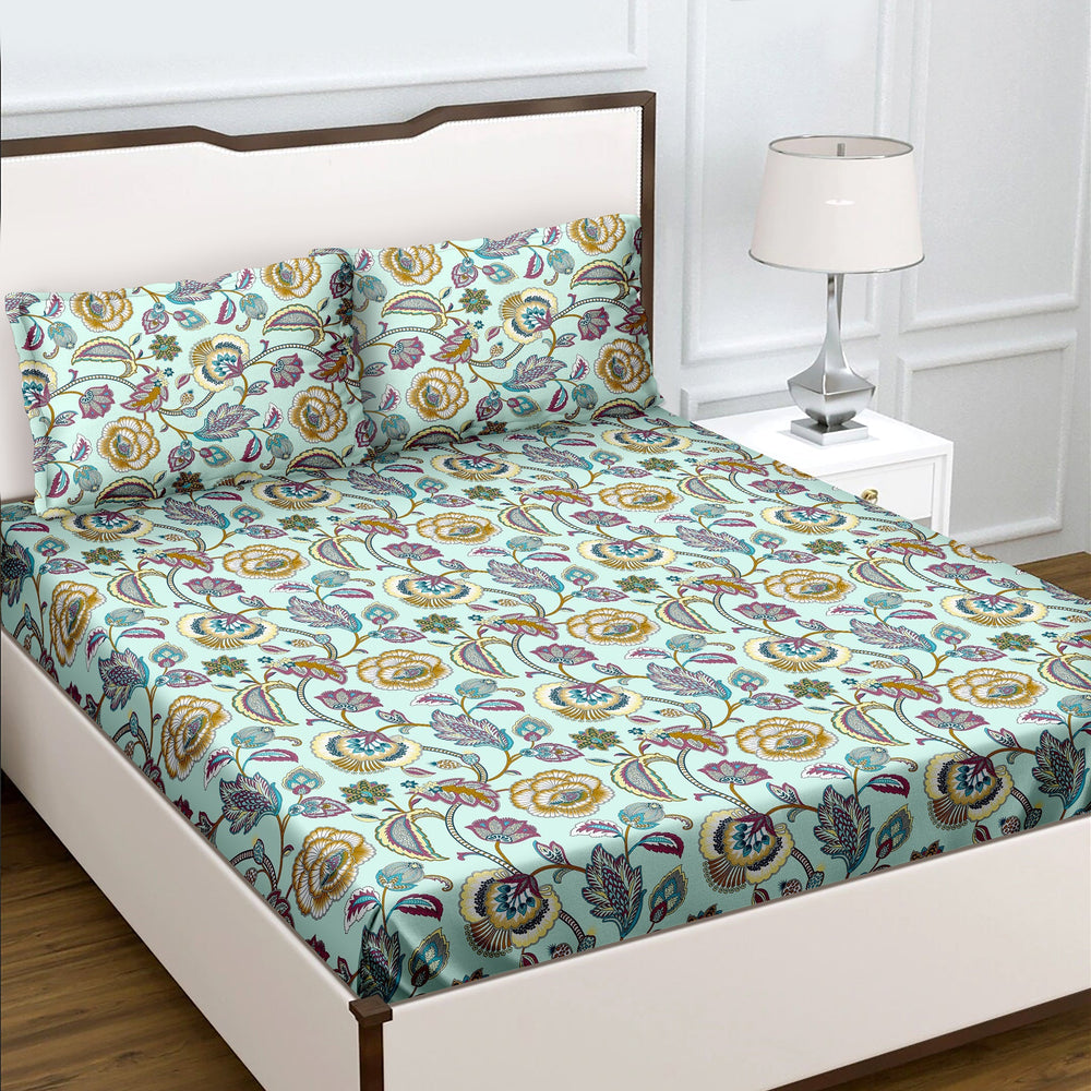 Bella Casa Fashion & Retail Ltd  BEDSHEET Double Bedsheet King Size 100 % Cotton Floral Blue Colour Bedsheet with 2 Pillow Covers - Radiant Collection