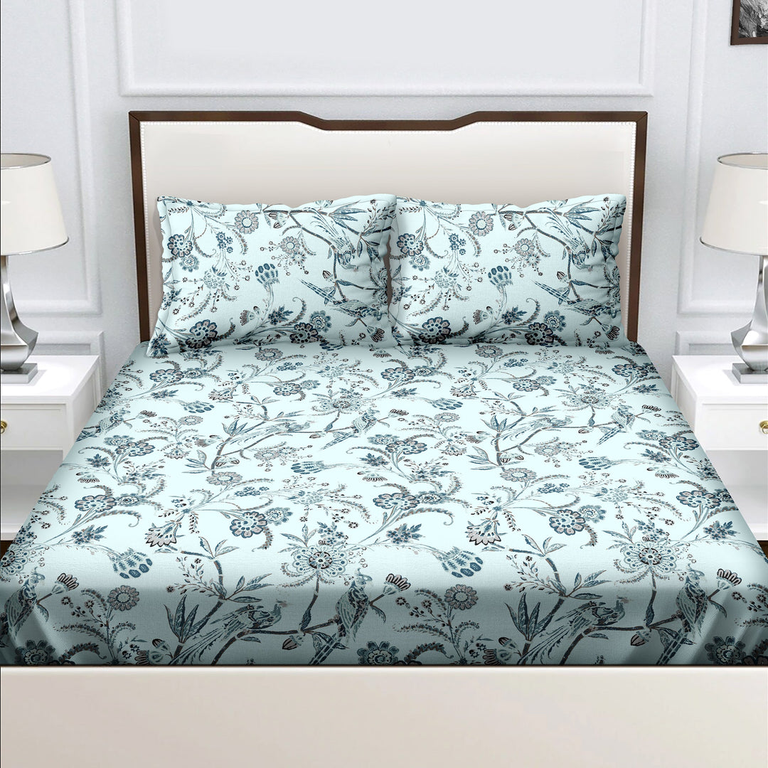 Bella Casa Fashion & Retail Ltd  BEDSHEET Double Bedsheet King Size 100 % Cotton Floral Blue Colour Bedsheet with 2 Pillow Covers - Radiant Collection