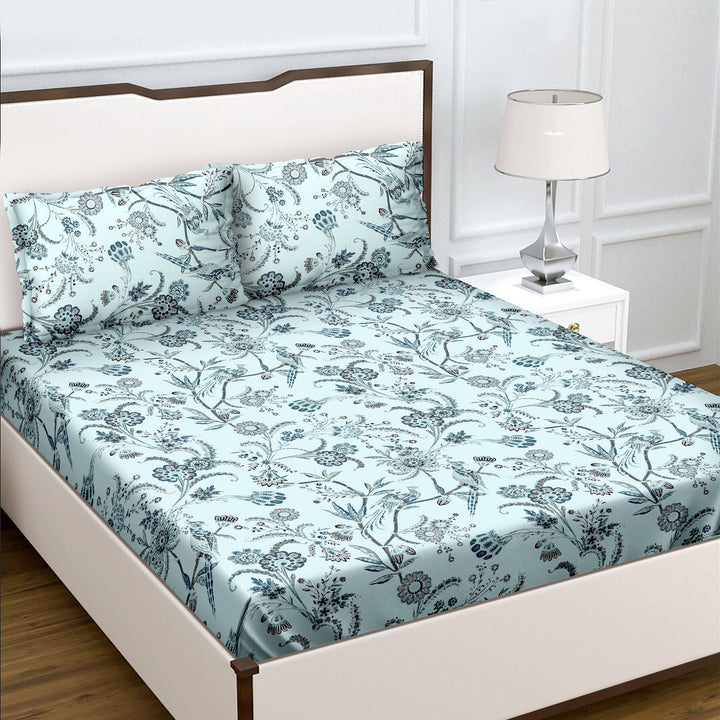 Bella Casa Fashion & Retail Ltd  BEDSHEET Double Bedsheet King Size 100 % Cotton Floral Blue Colour Bedsheet with 2 Pillow Covers - Radiant Collection