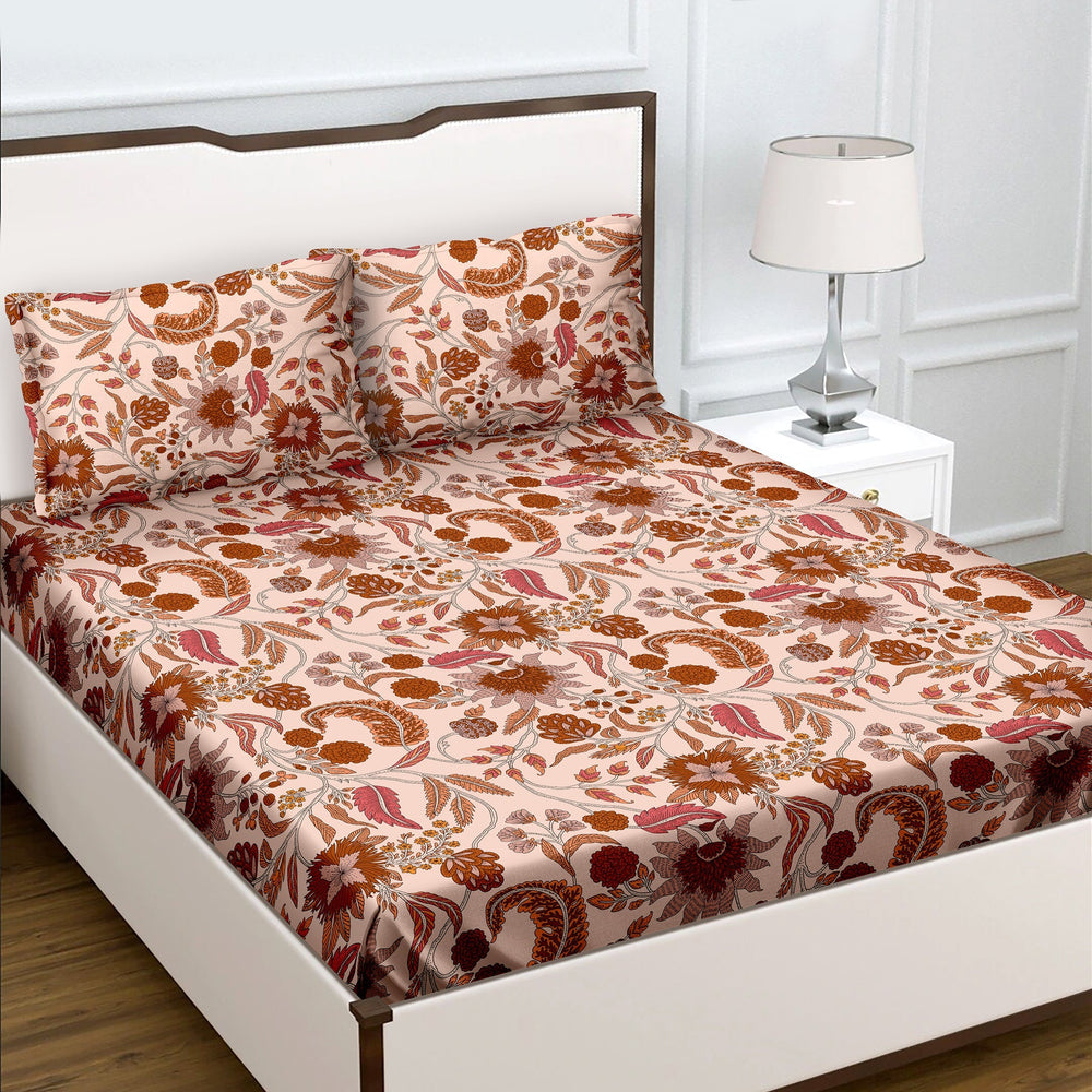 Bella Casa Fashion & Retail Ltd  BEDSHEET Double Bedsheet King Size 100 % Cotton Floral Brown Colour Bedsheet with 2 Pillow Covers - Radiant Collection