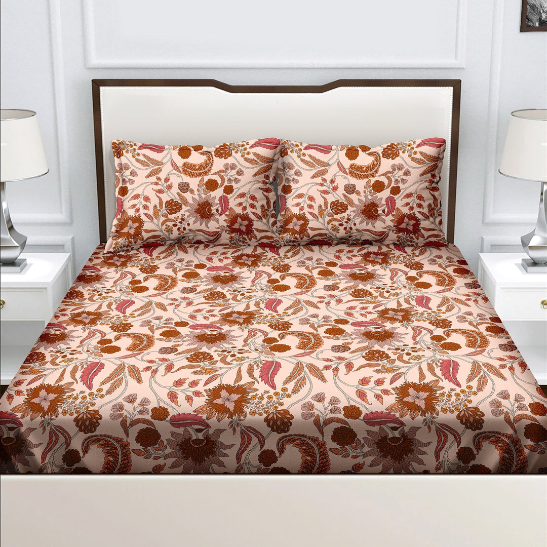 Bella Casa Fashion & Retail Ltd  BEDSHEET Double Bedsheet King Size 100 % Cotton Floral Brown Colour Bedsheet with 2 Pillow Covers - Radiant Collection