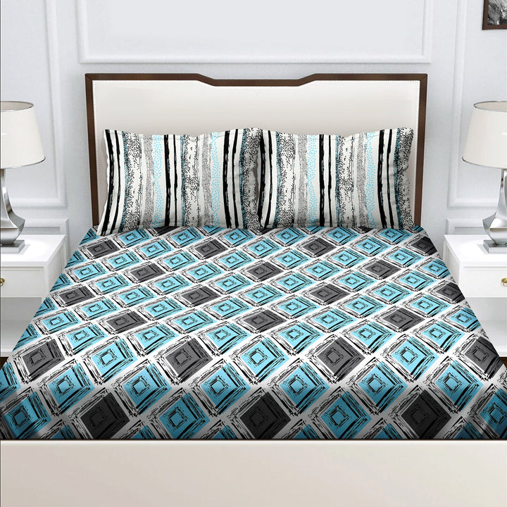 Bella Casa Fashion & Retail Ltd  BEDSHEET Double Bedsheet King Size Cotton Abstract Blue Colour with 2 Pillow Covers - Genteel Collection