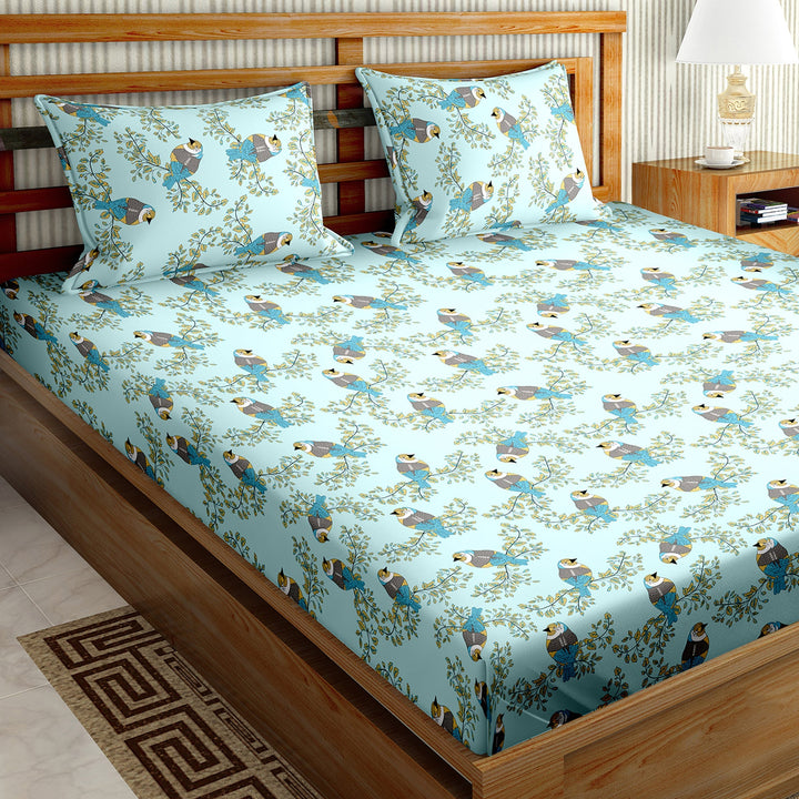 Bella Casa Fashion & Retail Ltd BEDSHEET Double Bedsheet King Size Cotton Bird Print Blue Colour - Genteel Collection