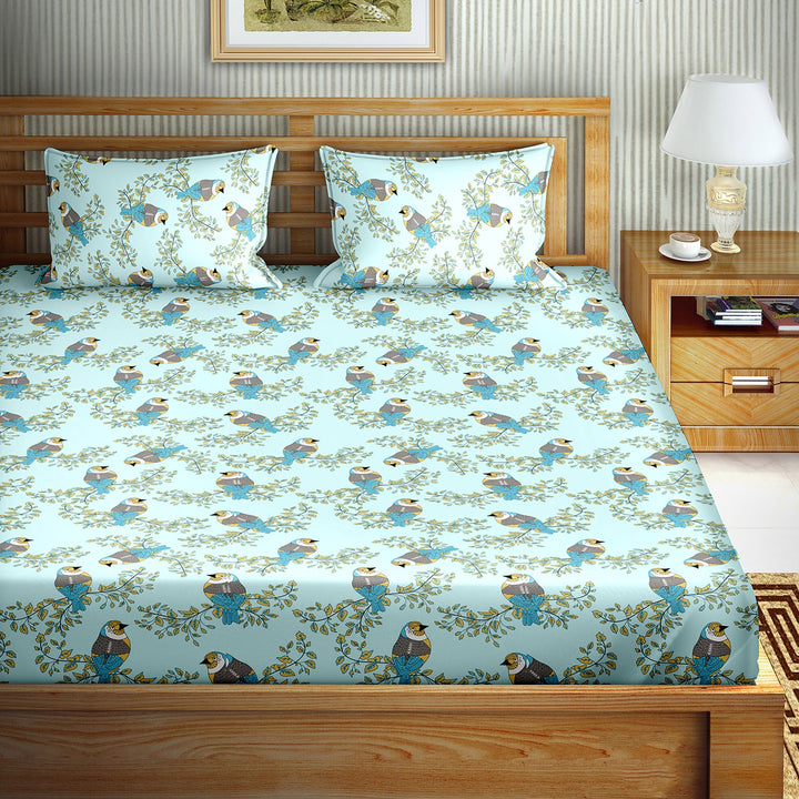 Bella Casa Fashion & Retail Ltd BEDSHEET Double Bedsheet King Size Cotton Bird Print Blue Colour - Genteel Collection