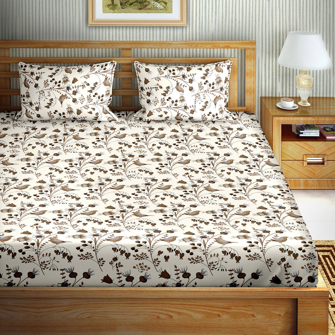 Bella Casa Fashion & Retail Ltd BEDSHEET Double Bedsheet King Size Cotton Bird Print Brown Colour - Genteel Collection