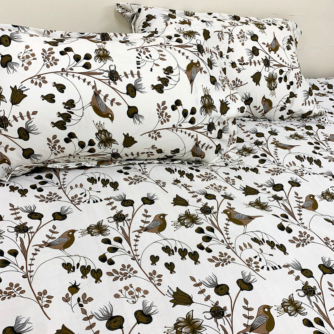 Bella Casa Fashion & Retail Ltd BEDSHEET Double Bedsheet King Size Cotton Bird Print Brown Colour - Genteel Collection