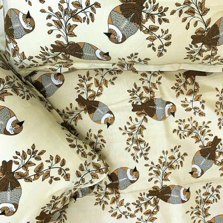 Bella Casa Fashion & Retail Ltd BEDSHEET Double Bedsheet King Size Cotton Bird Print Brown Colour - Genteel Collection