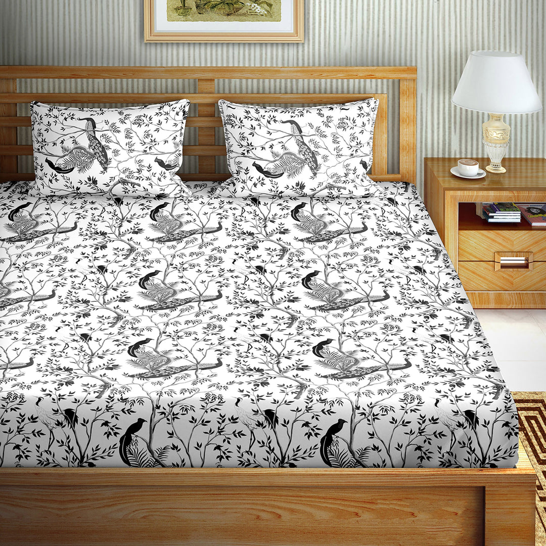 Bella Casa Fashion & Retail Ltd BEDSHEET Double Bedsheet King Size Cotton Bird Print Grey Colour - Genteel Collection