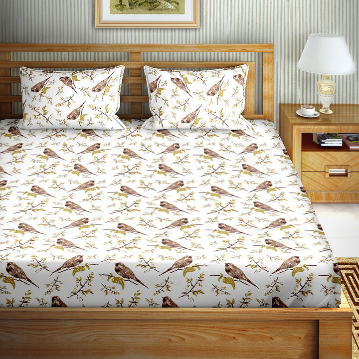Bella Casa Fashion & Retail Ltd BEDSHEET Double Bedsheet King Size Cotton Bird Print Multi Colour - Genteel Collection