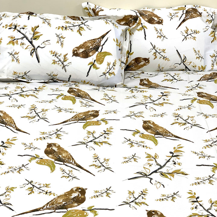 Bella Casa Fashion & Retail Ltd BEDSHEET Double Bedsheet King Size Cotton Bird Print Multi Colour - Genteel Collection