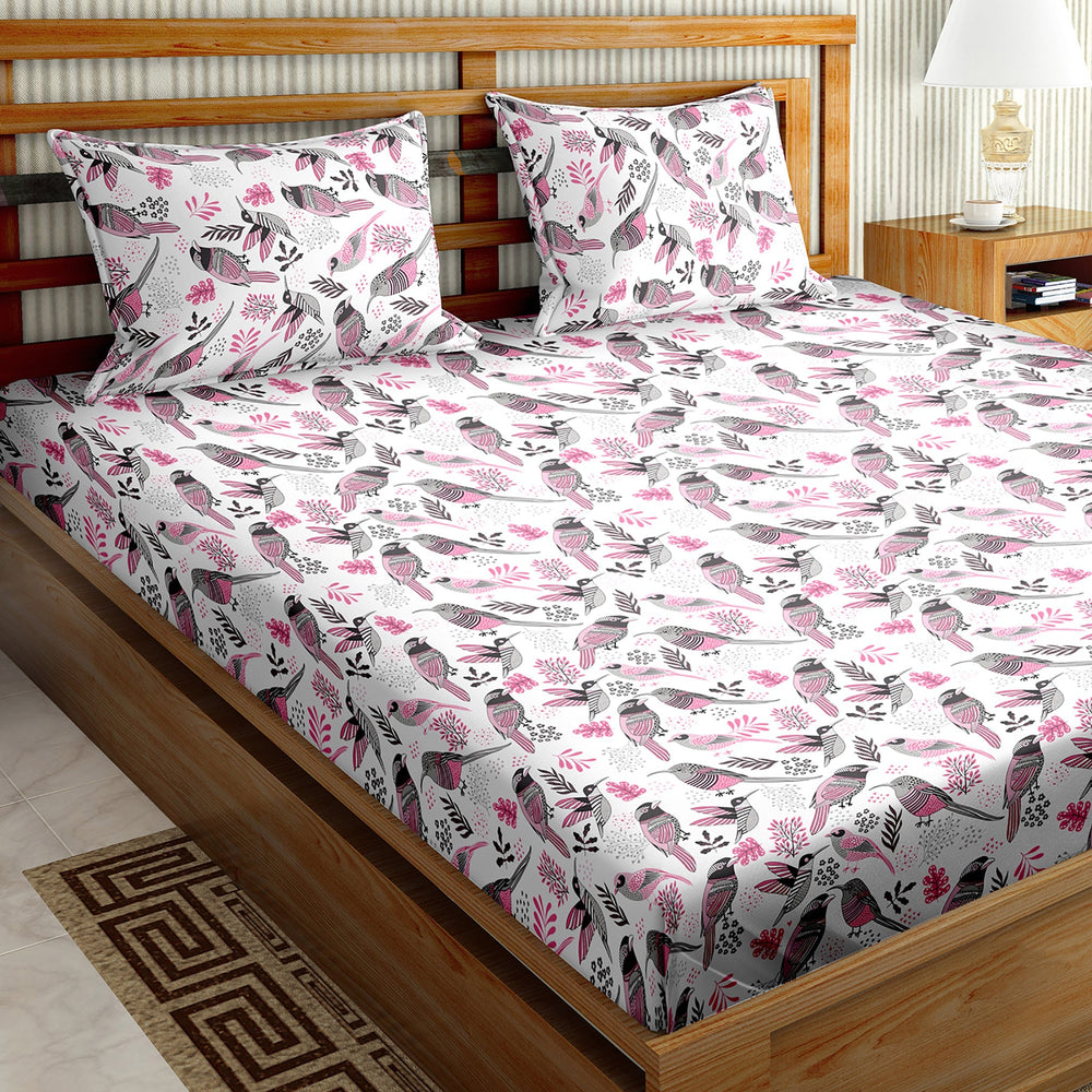 Bella Casa Fashion & Retail Ltd  BEDSHEET Double Bedsheet King Size Cotton Bird Print Pink Colour - Genteel Collection