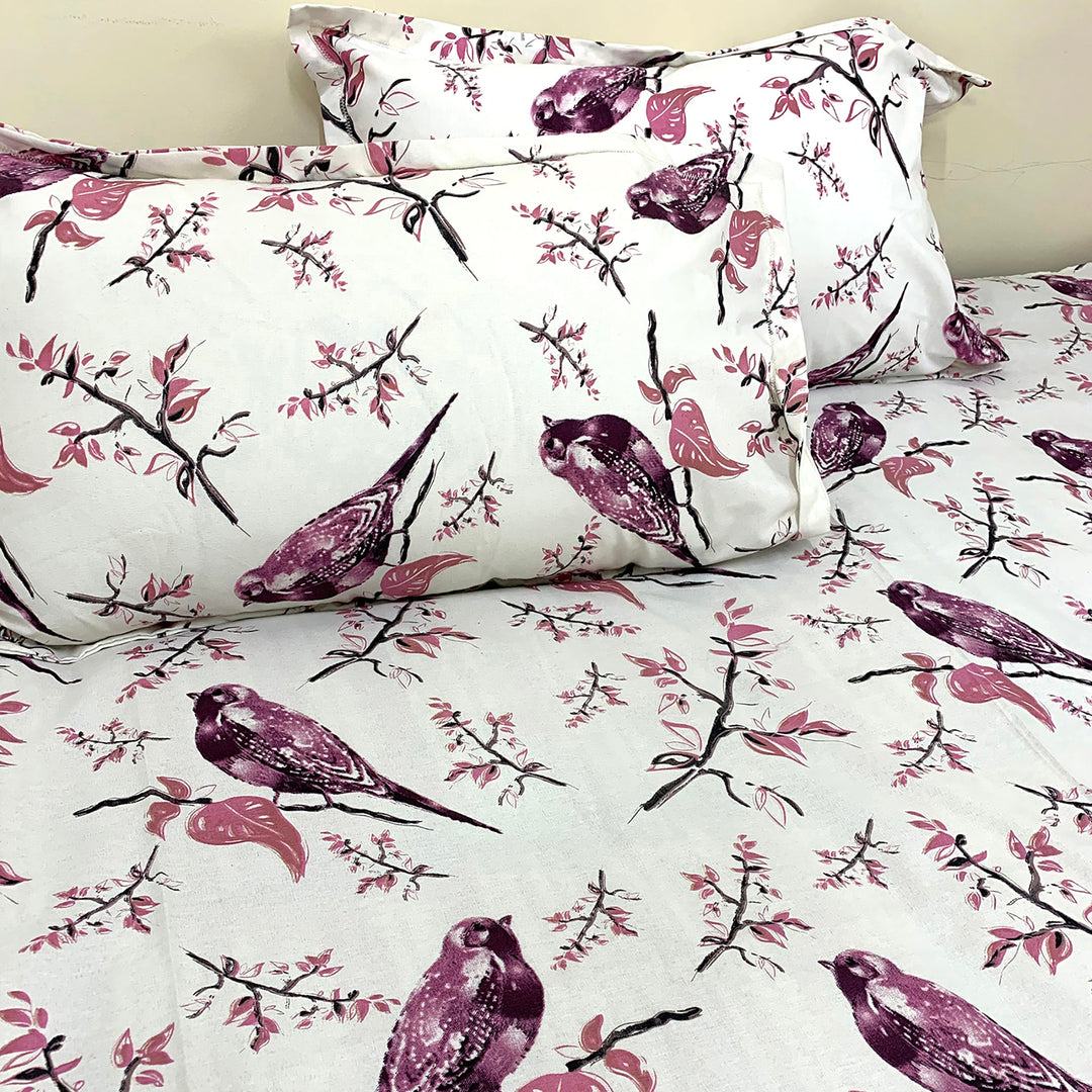 Bella Casa Fashion & Retail Ltd BEDSHEET Double Bedsheet King Size Cotton Bird Print Purple Colour - Genteel Collection