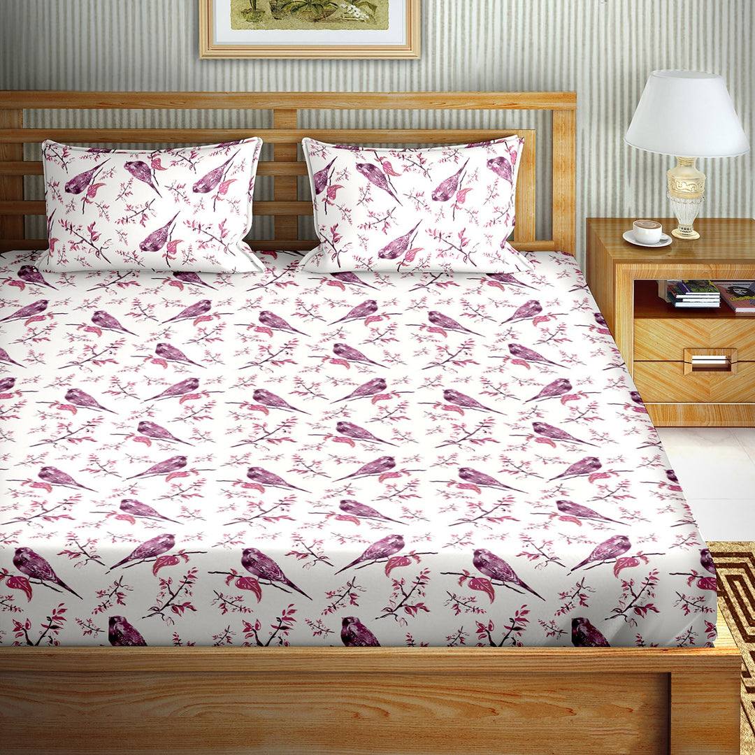 Bella Casa Fashion & Retail Ltd BEDSHEET Double Bedsheet King Size Cotton Bird Print Purple Colour - Genteel Collection