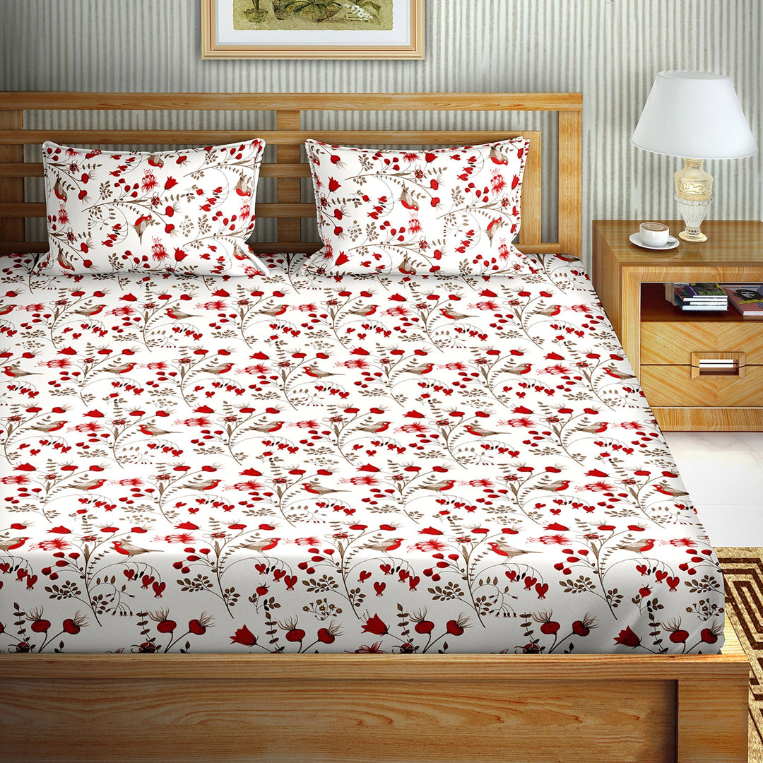 Bella Casa Fashion & Retail Ltd BEDSHEET Double Bedsheet King Size Cotton Bird Print Red Colour - Genteel Collection