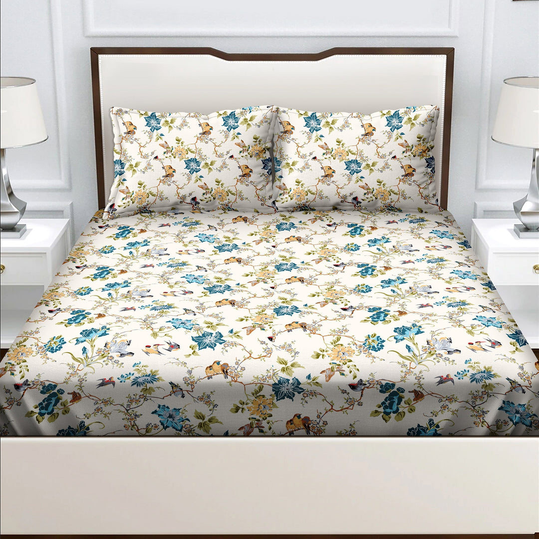 Bella Casa Fashion & Retail Ltd  BEDSHEET Double Bedsheet King Size Cotton Floral Blue Colour with 2 Pillow Covers - Genteel Collection
