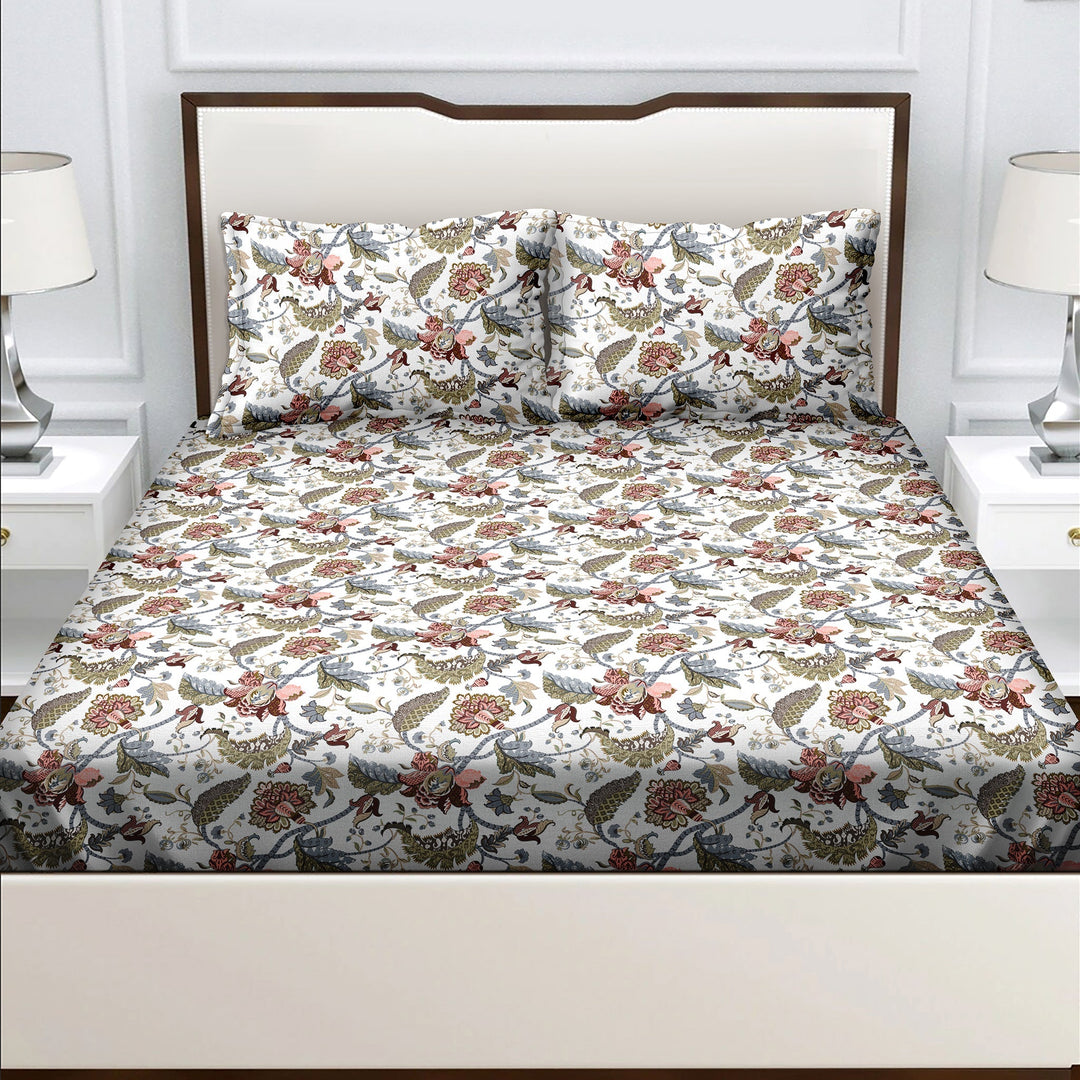 Bella Casa Fashion & Retail Ltd  BEDSHEET Double Bedsheet King Size Cotton Floral Multi Colour with 2 Pillow Covers - Genteel Collection
