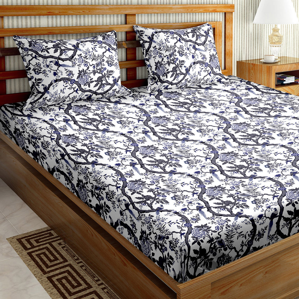 Bella Casa Fashion & Retail Ltd BEDSHEET Double Bedsheet King Size Cotton Floral Print Blue Colour - Genteel Collection