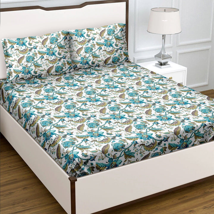 Bella Casa Fashion & Retail Ltd  BEDSHEET Double Bedsheet King Size Cotton Floral Teal Colour with 2 Pillow Covers - Genteel Collection
