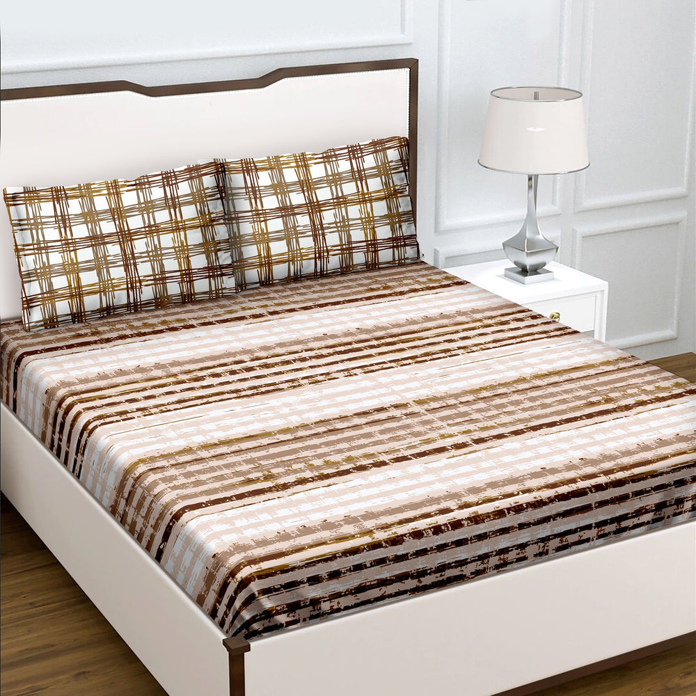 Bella Casa Fashion & Retail Ltd  BEDSHEET Double Bedsheet King Size Cotton Geometric Brown Colour with 2 Pillow Covers - Genteel Collection