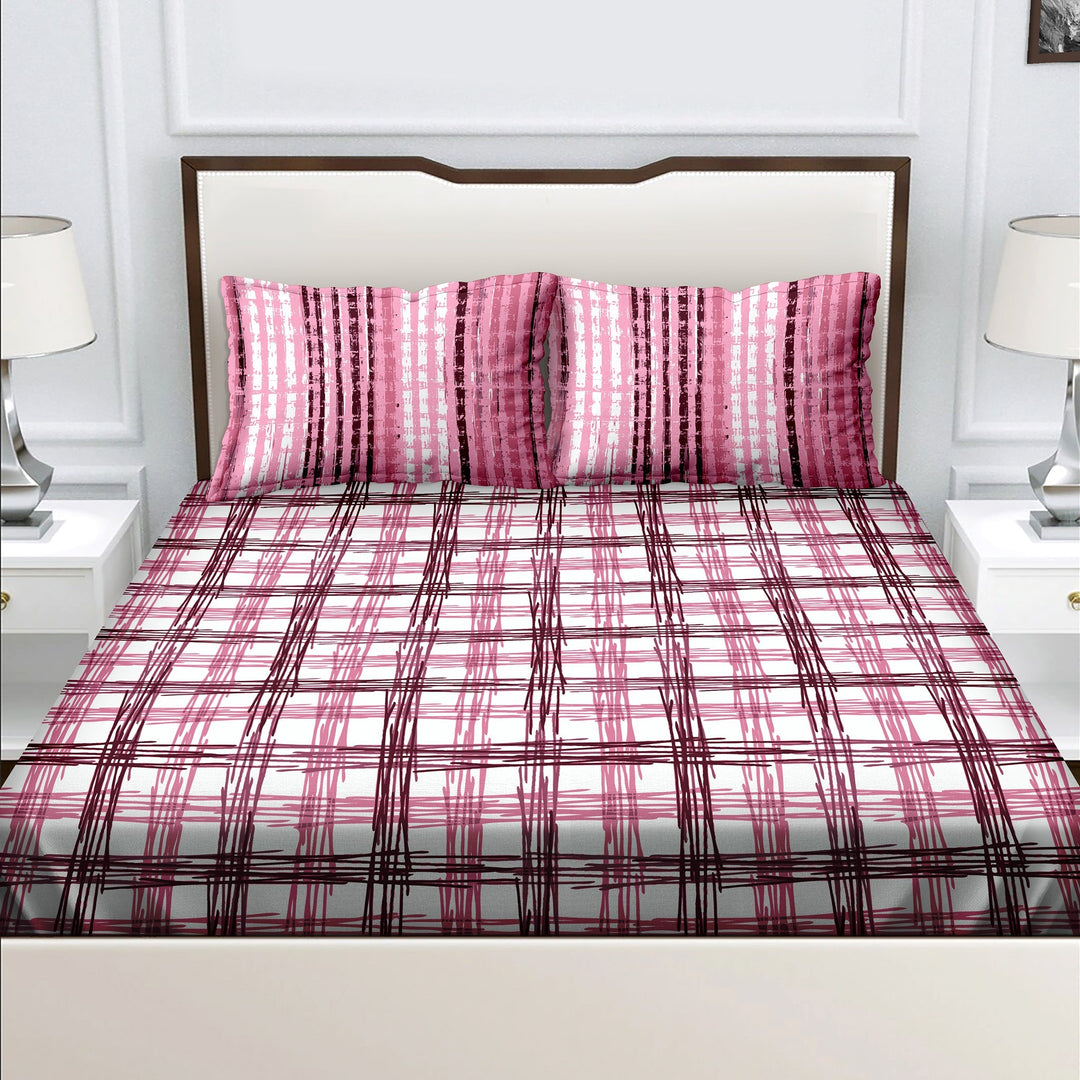 Bella Casa Fashion & Retail Ltd  BEDSHEET Double Bedsheet King Size Cotton Geometric Pink Colour with 2 Pillow Covers - Genteel Collection