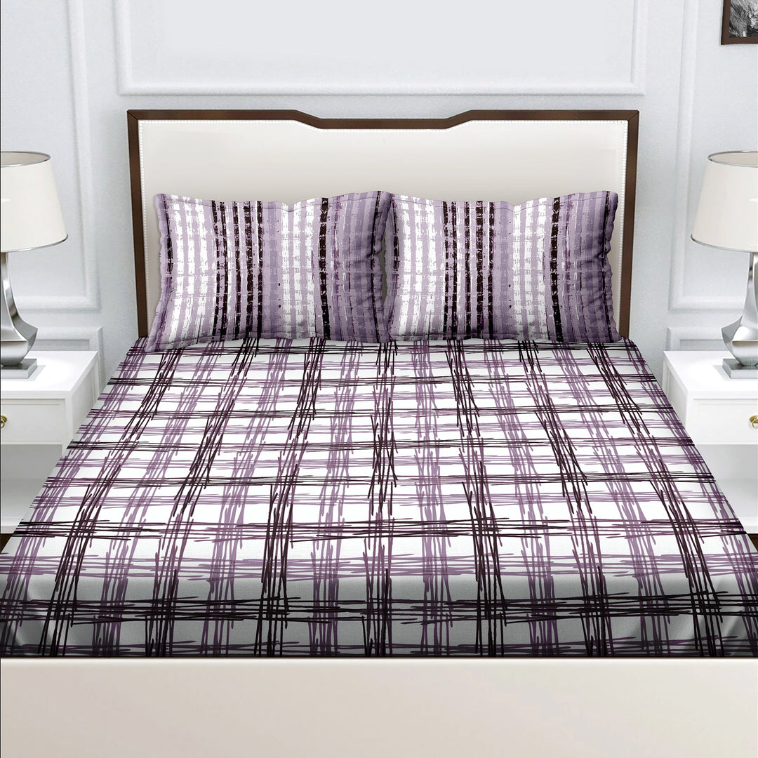 Bella Casa Fashion & Retail Ltd  BEDSHEET Double Bedsheet King Size Cotton Geometric Purple Colour with 2 Pillow Covers - Genteel Collection